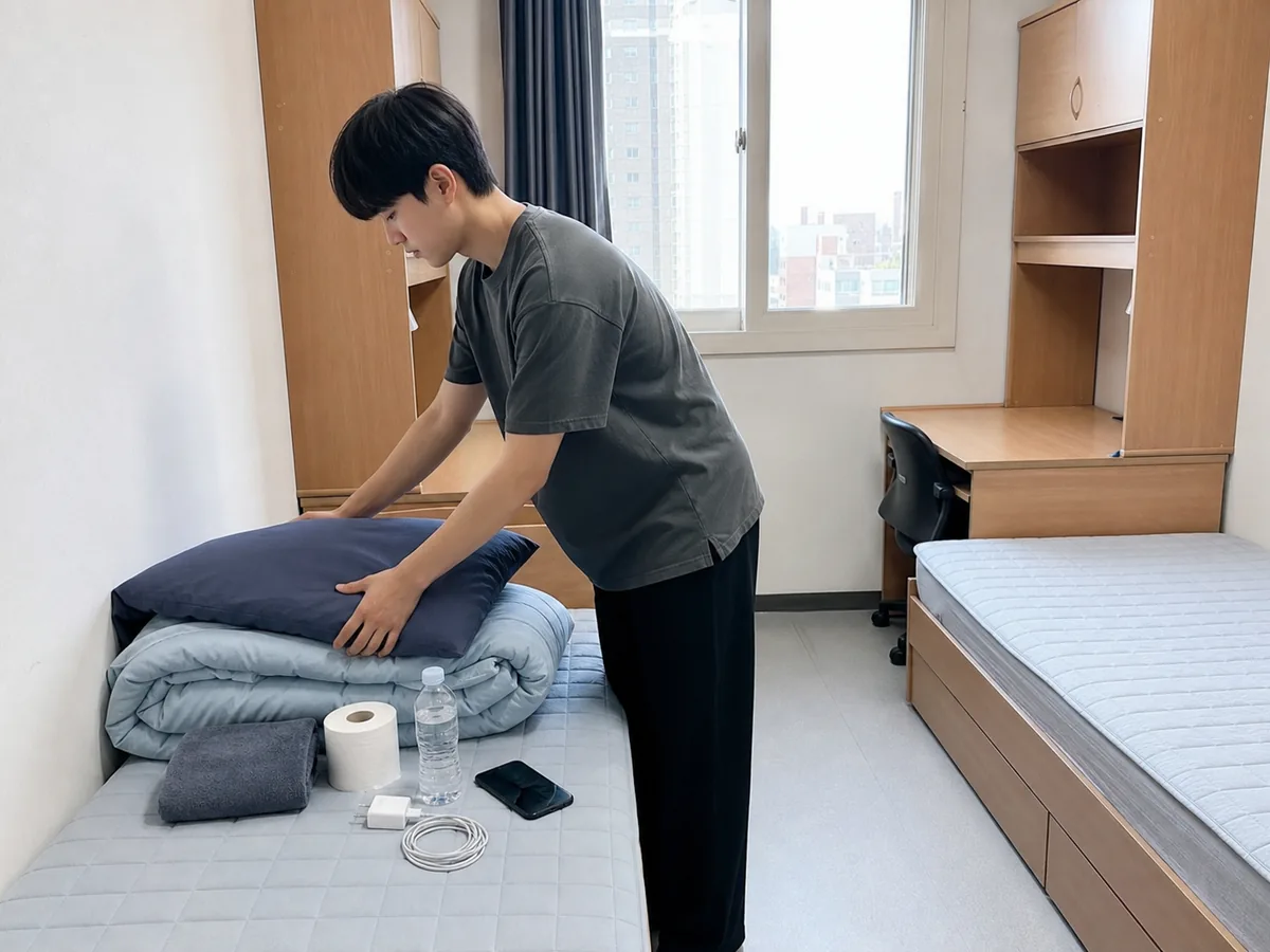 두 명이 생활하는 대학 기숙사 방에서 학생이 침구와 첫날 생활용품을 정리하는 모습