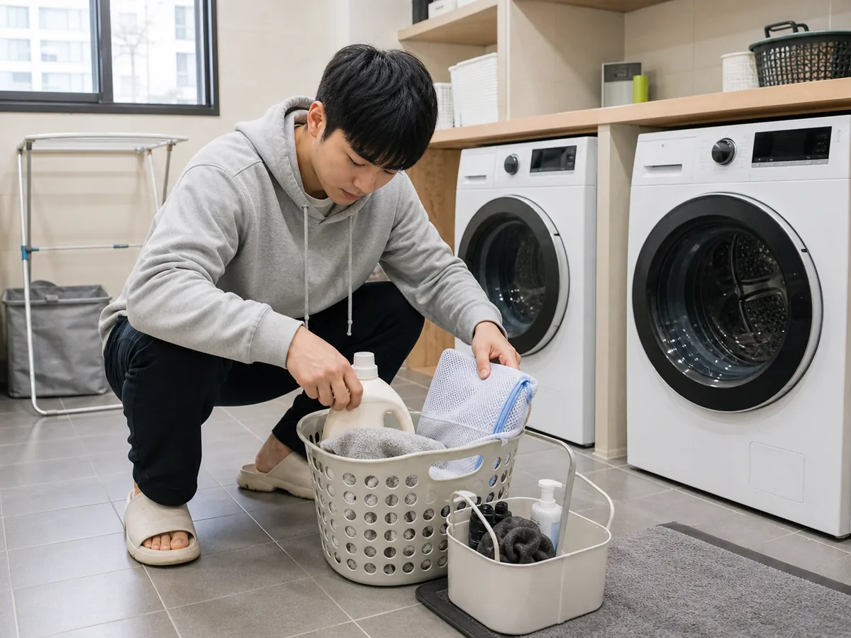 대학 기숙사 공용 세탁실에서 학생이 빨래바구니와 세탁망, 세제와 수건을 정리하는 모습