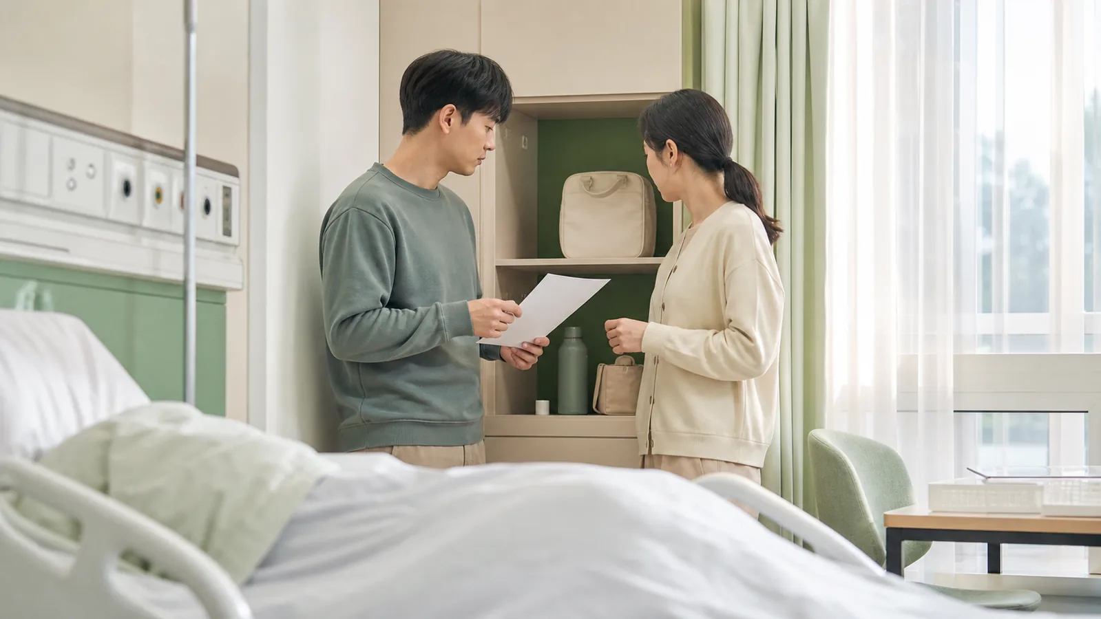 병원 병실에서 두 보호자가 빈 확인표를 보며 교대 내용을 확인하는 모습