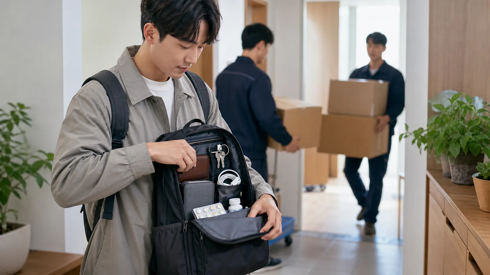 이사업체가 상자를 옮기는 동안 개인가방의 열쇠와 충전기, 약을 확인하는 모습
