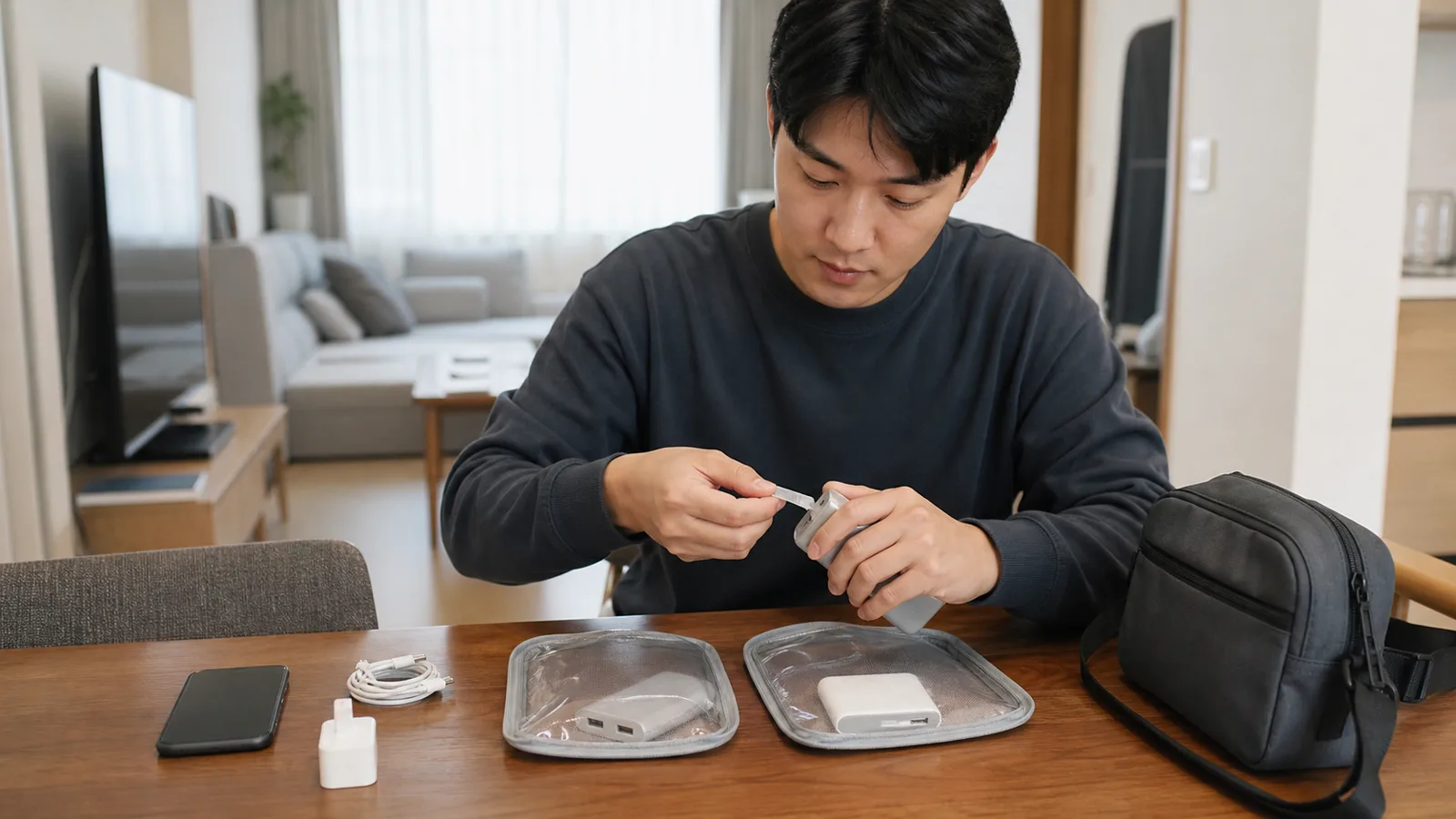 한국인 여행자가 보조배터리 단자를 절연하고 개별 보호 파우치에 넣는 모습