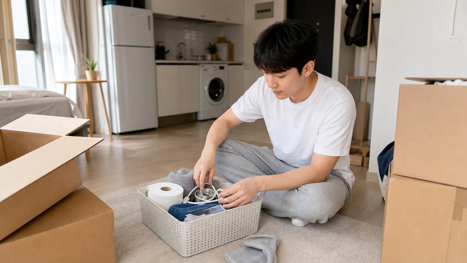 한국의 작은 원룸에서 첫 자취 생활용품을 상자에서 꺼내 정리하는 모습