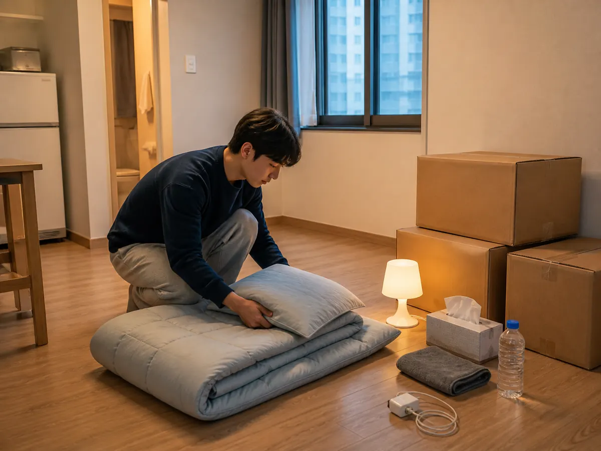 첫 자취 날 저녁 원룸 바닥에 침구와 수건, 휴지, 물과 충전기를 따로 준비하는 모습